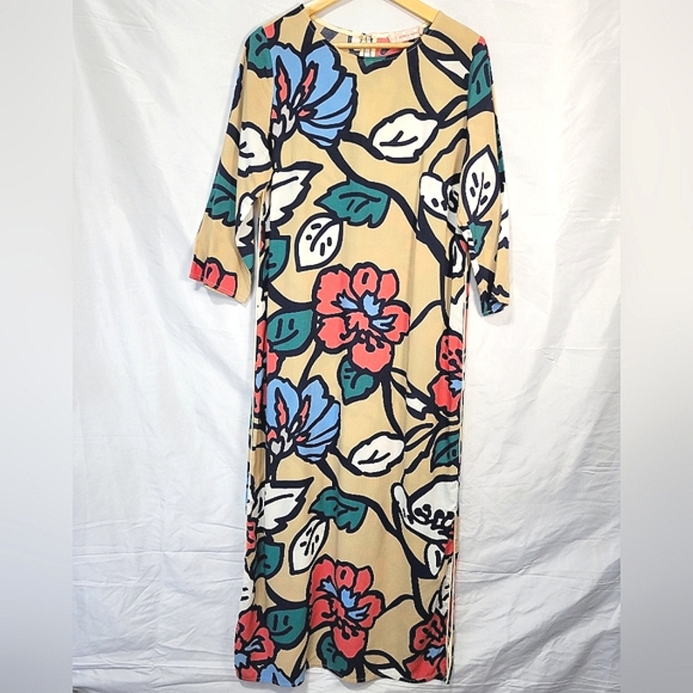 Women's Beige Floral Midi Dress with Teal & Coral Accents